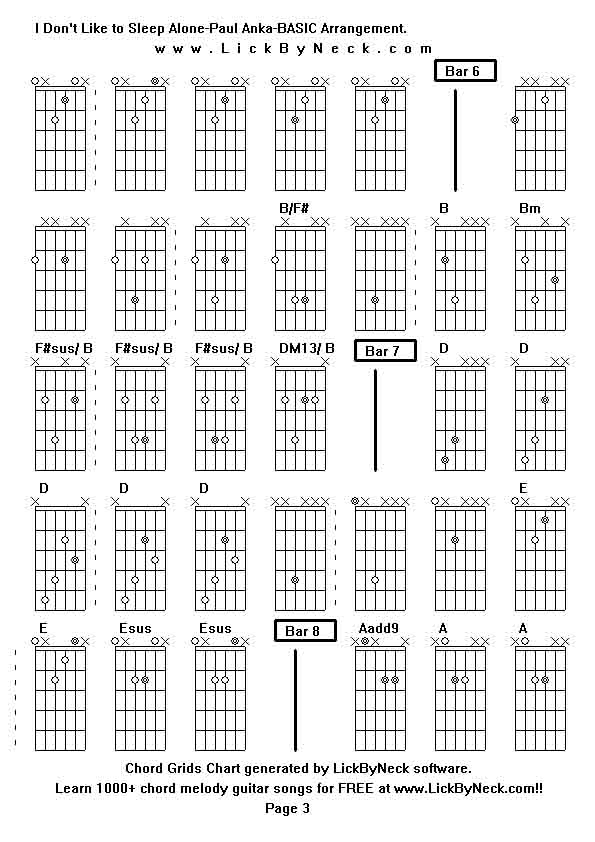 Chord Grids Chart of chord melody fingerstyle guitar song-I Don't Like to Sleep Alone-Paul Anka-BASIC Arrangement,generated by LickByNeck software.